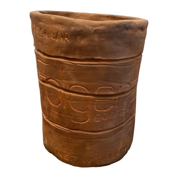Primitive Clay Pot Pottery Folgers Can Coffee Handmade Signed 5.25" x 4" Origina - Picture 7 of 9